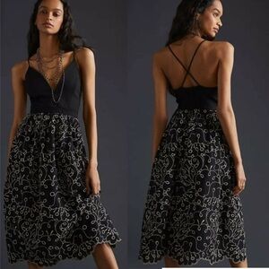 Anthropologie Mauve Black and Gold Embroidered Floral Deep V Dress | Medium